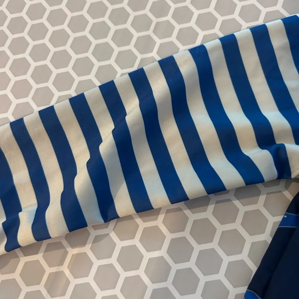 Little Lad Boys Navy White Striped w Whales Sunsuit Long Sleeves Swim Suit  18M